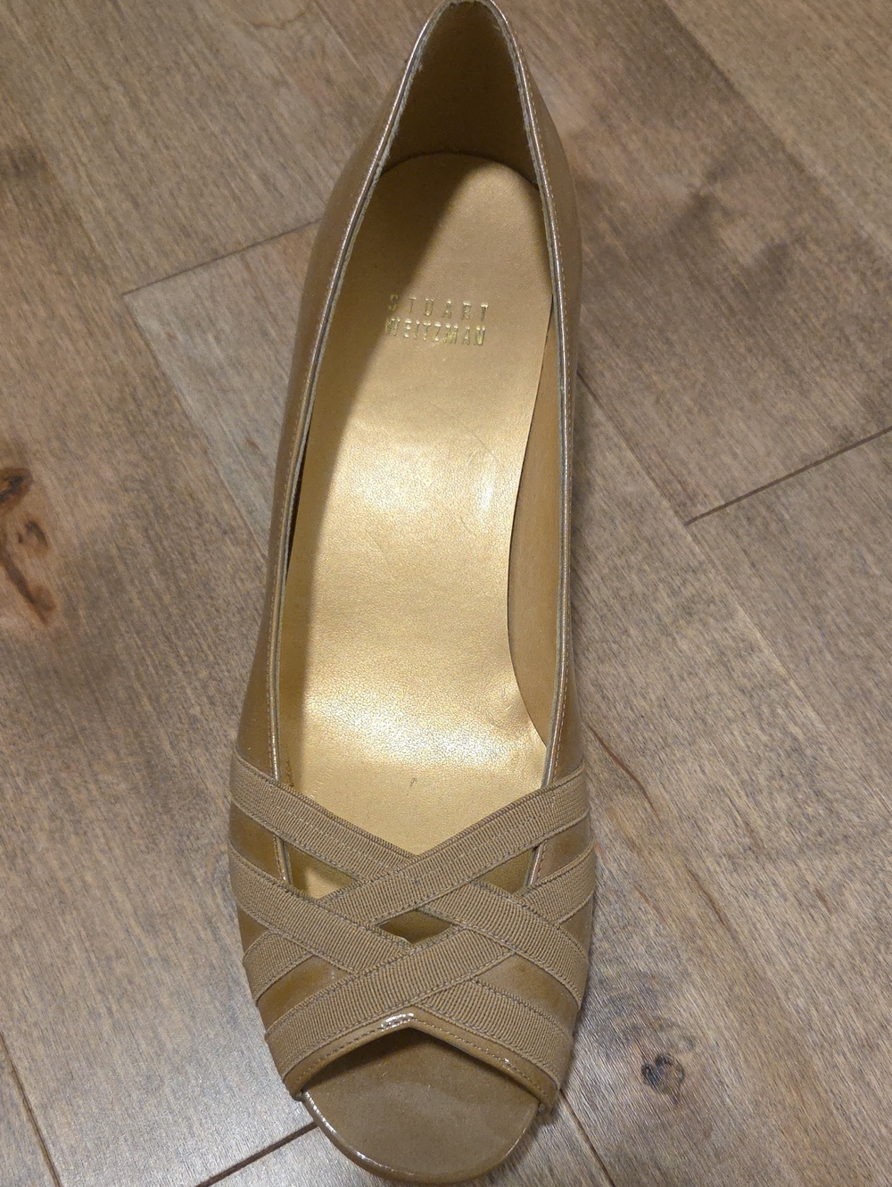 Stuart Weitzman Tan Beige Open-Toe Dress Pump With Wedge Heel